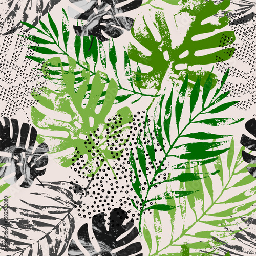 Art illustration: rough grunge tropical leaves filled with marble texture, do...