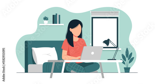 A woman comfortably works on her laptop from bed, illustrating remote work and modern digital lifestyle in a clean, flat design.