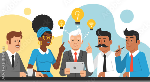 Diverse team of professionals collaborating on a business project, sharing innovative ideas with lightbulbs symbolizing creativity and success.