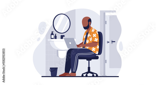 This vibrant flat design illustration showcases a relaxed man focused on his laptop, working remotely from an unconventional home environment.