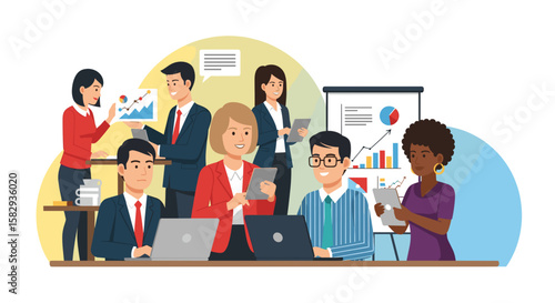 A diverse team collaborates on a marketing presentation, utilizing modern technology and data analysis to strategize and achieve corporate success through effective web design and promotional