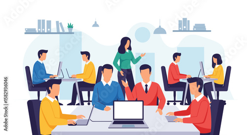 A modern, flat design illustration depicting a diverse group of professionals collaborating in a vibrant and open office space, ideal for business presentations.