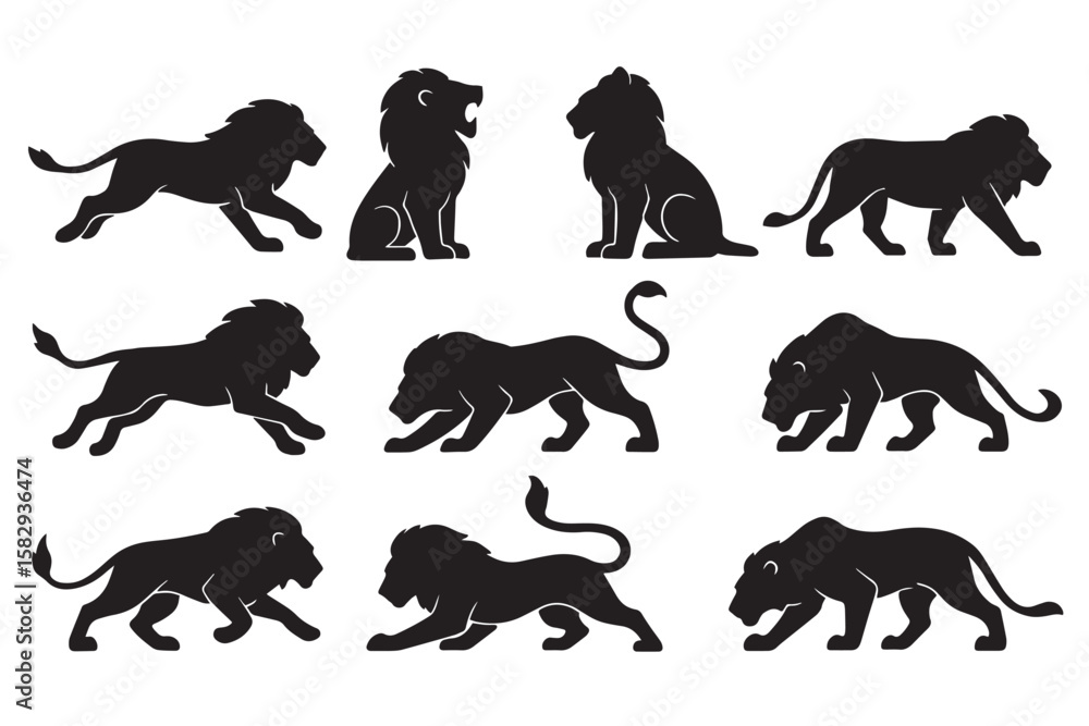 Naklejka premium Black lion silhouettes in various poses animal wildlife