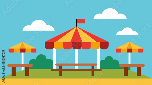 Amusement park picnic area with benches vector illustration