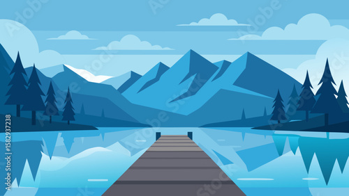mountain lake with a wooden dock vector 