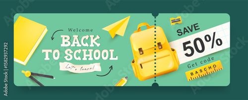 Back to school discount coupon with bold typography and school supplies on green background with yellow accents