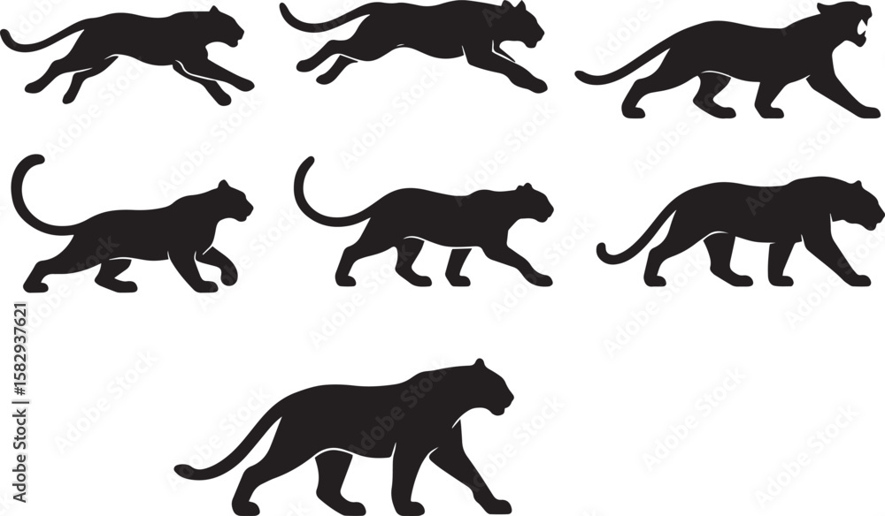 Naklejka premium Black tiger silhouettes in various poses feline animal
