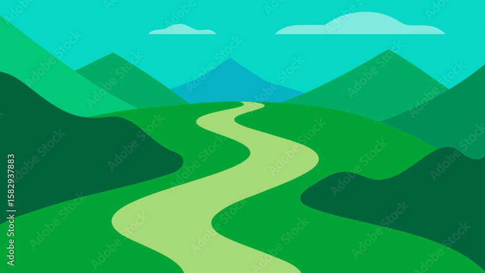Fototapeta premium Flat green valley with a river winding through vector illustration
