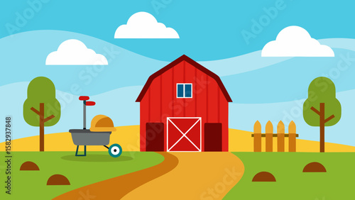barnyard with empty red barn, tool rack, wheelbarrow, and dirt paths under open sky vector illustration 