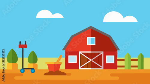 barnyard with empty red barn, tool rack, wheelbarrow, and dirt paths under open sky vector illustration 