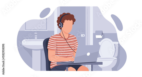 A young man with headphones is depicted working remotely from an unconventional bathroom workspace in a modern flat design illustration.