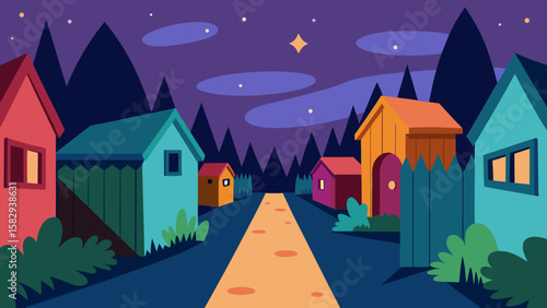Backyard alley of tiny magical houses vector illustration
