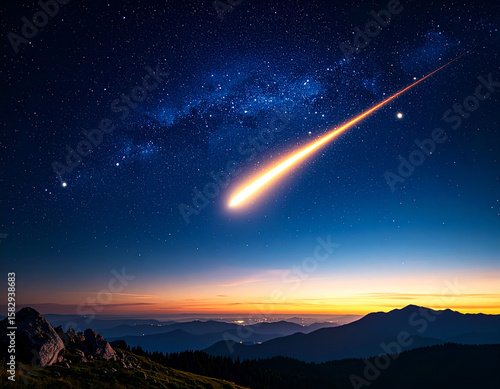 Fiery Meteor Streaking Through Night Sky: Dramatic Cosmic Event, Celestial Phenomenon & Space Impact, Asteroid Strike & Earth Protection

