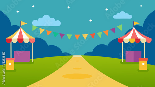 Bright cartoon festival grounds with empty booths, string lights, clean pathway, and colorful flags vector illustration