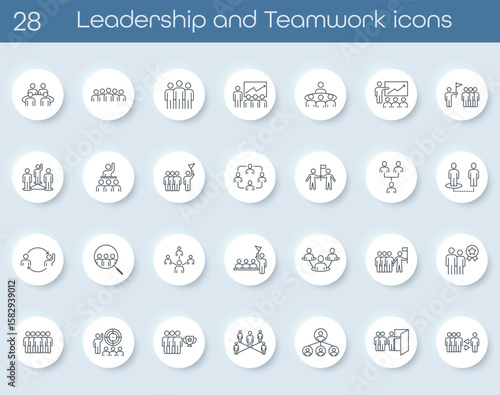 Set of modern outline icons related to leadership and teamwork. Includes collaboration, management, group support, training, planning and communication. Ideal for business and HR projects. Vector
