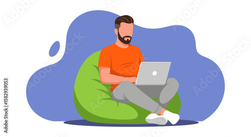 Modern flat design illustration of a man working on a laptop while relaxing on a beanbag chair, perfect for web design and presentations.