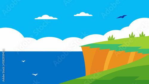 Seaside cliff in summer with waves crashing below, grassy hills above, and seagulls flying in blue sky vector illustration