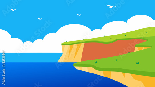 Seaside cliff in summer with waves crashing below, grassy hills above, and seagulls flying in blue sky vector illustration