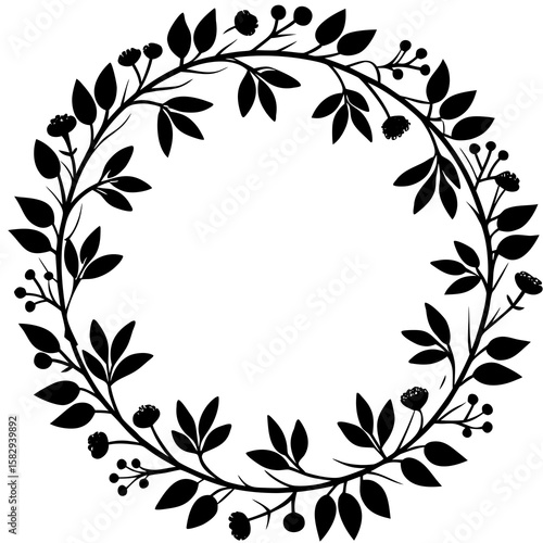 An elegant, circular floral wreath composed of delicate leaves and small blossoms