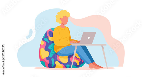 A vibrant illustration depicts a person working on a laptop while sitting on a beanbag chair, ideal for web design, marketing, and presentations, showcasing a modern, flat design approach for