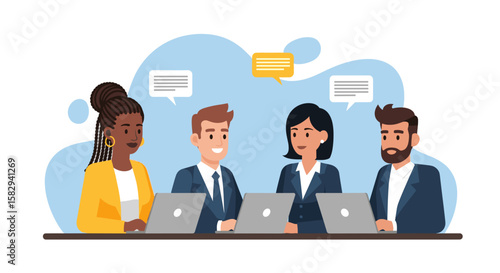 Diverse team collaborating on a business project with laptops, representing modern corporate communication and teamwork in a professional setting.