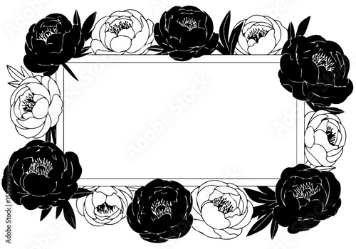 Elegant floral frame with black and white peony flowers arranged as frame surrounding blank space. Frame, a peony border, is perfect for invitations or announcements, creating a stylish presentation.