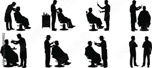 Barber and client silhouette vector set, professional haircut scene, male grooming icons, barber chair, scissors, hairdresser illustration design