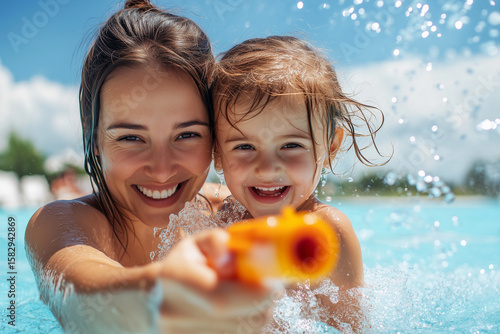 Mother and a girl are playing in the water with a squirt gun, in the swimming pool, summer vacations