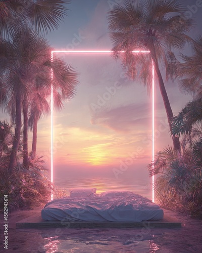 Tropical bed, neon frame, sunset