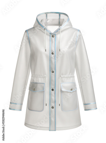 Translucent PVC raincoat with holographic trim and snap buttons
