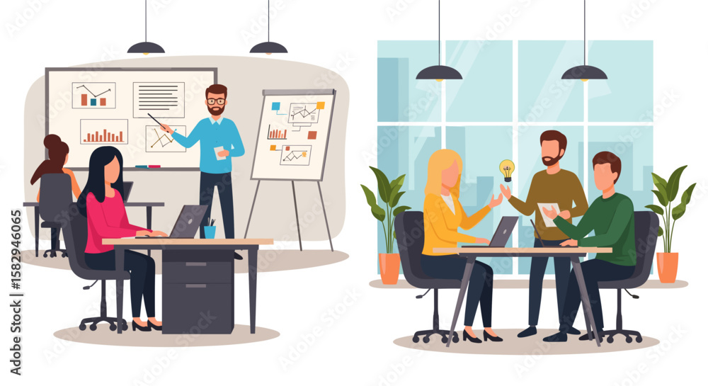 Fototapeta premium Modern business meeting and presentation scene with diverse team collaborating and sharing ideas in a bright, contemporary office space.
