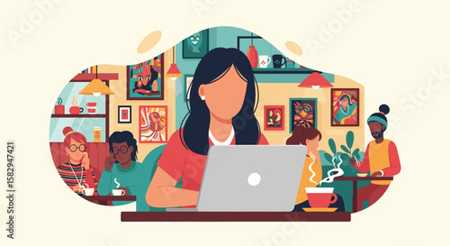 Diverse group of people collaborating and working in a modern cafe setting, ideal for business and lifestyle themes.