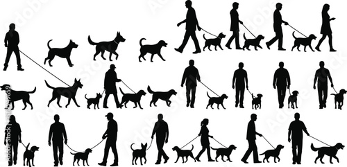 Dog walking silhouettes collection, people with pets, leash training, outdoor activity, walking dogs vector set, black silhouette illustration