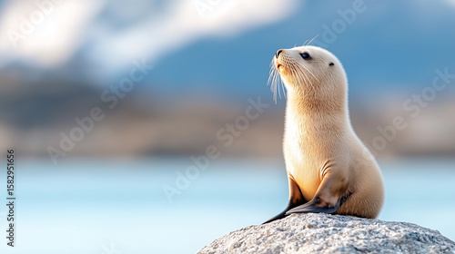 Realistic photo of a sea lion basking on a rocky shore with sleek, wet fur glistening in the sunlight.