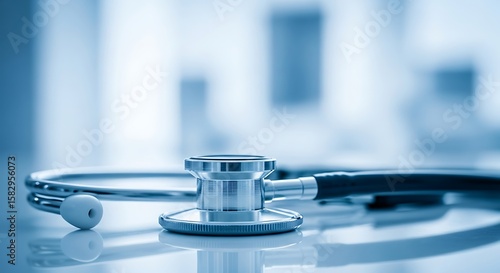 A closeup of a stethoscope, a vital medical instrument used for listening to internal body sounds, resting on a reflective surface