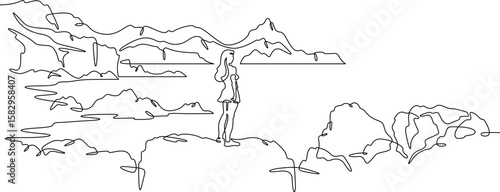 Continuous one line drawing  girl stands waving on a big rock on the seashore. Woman in short shorts on the seashore. Rocks and mountain by the sea. One continuous line isolated minimal illustration