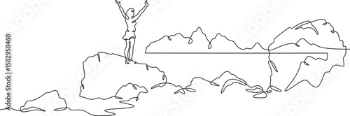 Continuous one line drawing  girl stands waving on a big rock on the seashore. Woman in short shorts on the seashore. Rocks and mountain by the sea. One continuous line isolated minimal illustration