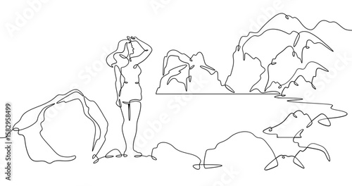Continuous one line drawing  girl stands waving on a big rock on the seashore. Woman in short shorts on the seashore. Rocks and mountain by the sea. One continuous line isolated minimal illustration