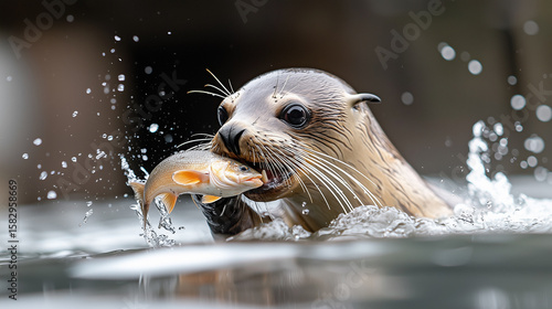 Close-up of a sea lion catching a fish in its mouth with water splashing and sharp teeth visible.