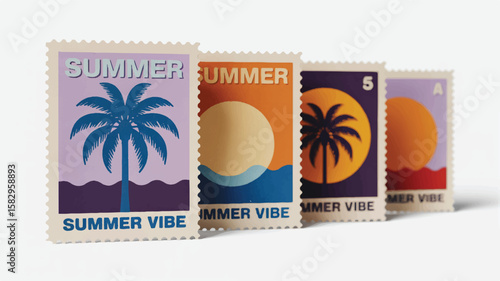 Summer palm trees ocean sunset stamps vector