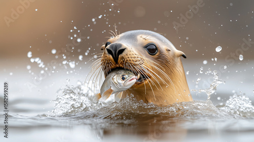 Close-up of a sea lion catching a fish in its mouth with water splashing and sharp teeth visible.