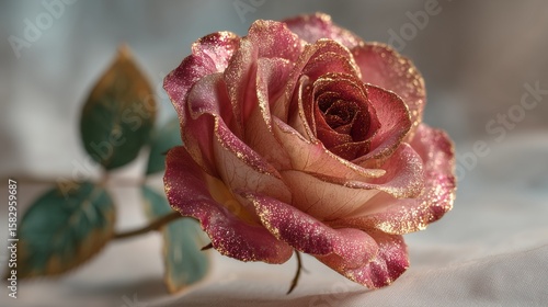 Antique Valentineâ€™s rose with glitter petals on a soft white blur, retro romance, quirky love