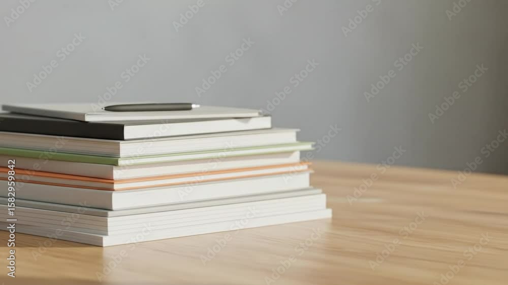 Stacked notebooks of varied colors and thicknesses sit atop a wooden table with a pen resting on the top notebook Stacked notebooks of varied colors and thicknesses sit atop a wooden table with a pen resting on the top notebook