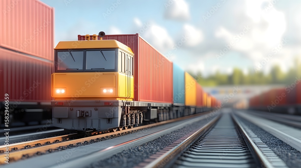 Naklejka premium Long freight train with colorful containers moving on railway tracks under a partly cloudy sky during daytime, representing transportation, logistics, and industrial cargo transport