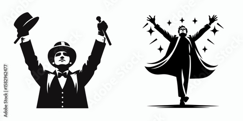 A Actor celebrating role. Career Job Profession Occupation Employment Work Clipart Line Art Vector Illustration. Performer having fun honor acting part achievement joyous moment.