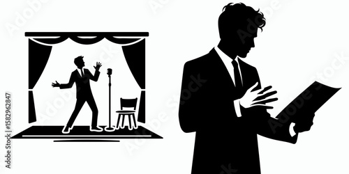 A Actor rehearsing lines. Career Job Profession Occupation Employment Work Clipart Line Art Vector Illustration. Performer studying dialogue preparing before demonstration on project.