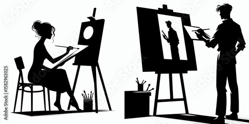 A Artist displaying artwork. Career Job Profession Occupation Employment Work Clipart Line Art Vector Illustration. Creator presenting visual design creative exhibit for viewers.