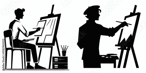 A Artist displaying artwork. Career Job Profession Occupation Employment Work Clipart Line Art Vector Illustration. Creator unveiling artistic creation design reveal for appreciation.