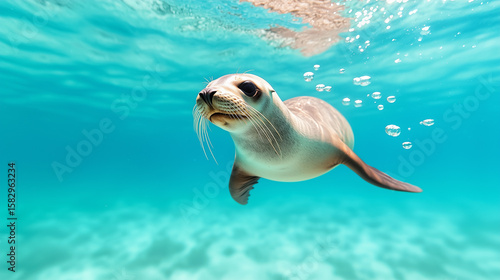 Realistic photo of a sea lion swimming underwater with streamlined body and bubbles trailing in clear blue water.