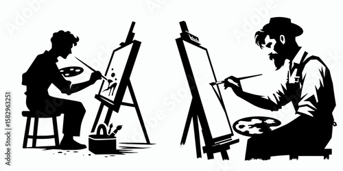 A Artist painting on canvas. Career Job Profession Occupation Employment Work Clipart Line Art Vector Illustration. Creator drawing picture upon cloth creative leisure activity.